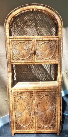 Vintage Mid Century Bohemian Wicker Rattan Sunburst 4 Door Etagere Wall Unit Cover