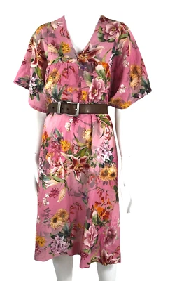 Pink Linen DressTropical Flower Print Handmade V Neckline Short Sleeve Size 12 - Image 1 of 4