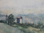 Vintage watercolor painting impressionist landscape mountain hut