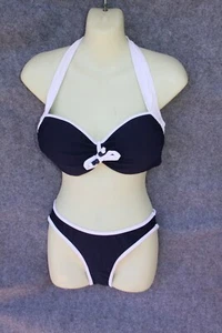 BIKINI SET GRÖSSE 36 F (70F) DUNKELBLAU WEISS UMRANDE SCHAUMSTOFF KÖRBCHEN BÜGEL - Bild 1 von 4