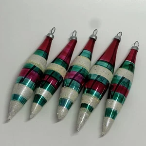 Vintage Spire Teardrop Icicle Glass Christmas Ornaments Stripes Glitter Lot of 5 - Picture 1 of 7