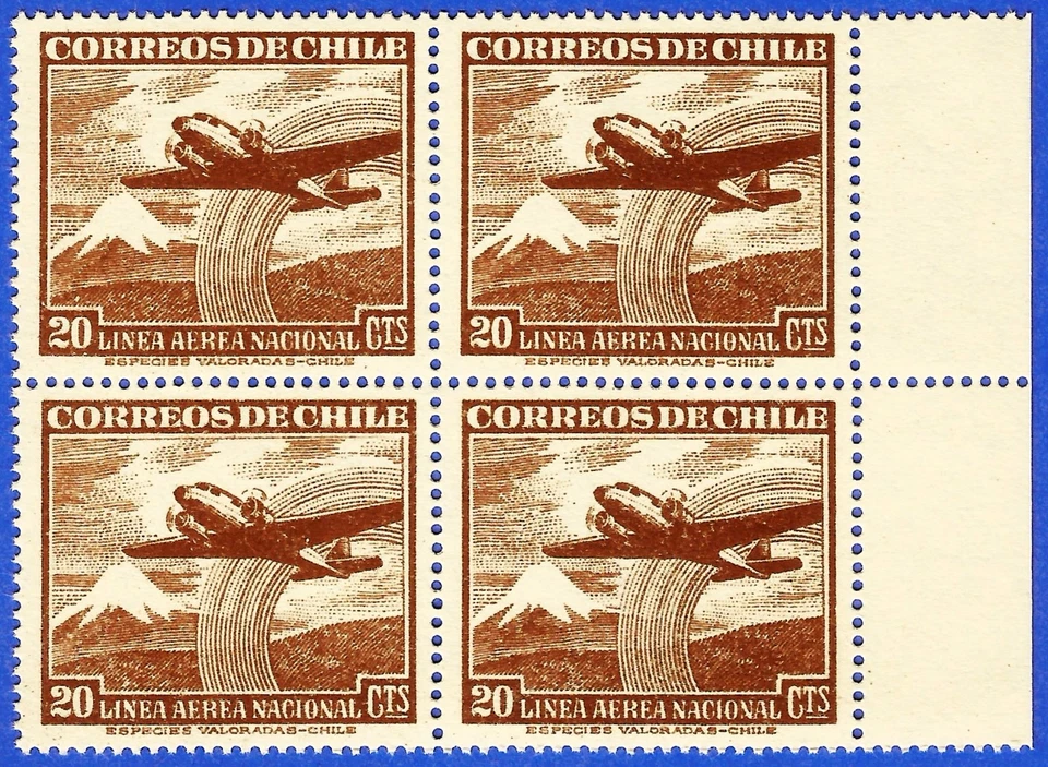 CHILE, AVIÓN Y VOLCÁN, BLOQUE DE 4, MNH, 1951-55, SIN MARCA DE AGUA Foto 1 de 1