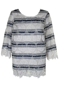 Charter Club Plus Size Blue Combo 3/4-Sleeve Striped Lace Blouse 2X - Picture 1 of 3