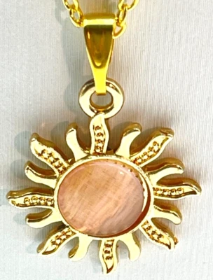 Set Necklace & Earrings Gold Tone Sun w/Peach Opal Inset 24" Charm 1" around - Image 1 of 4