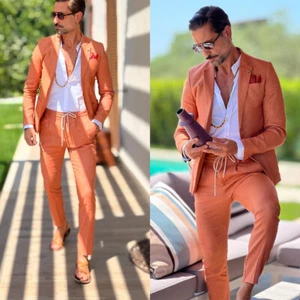 Orange Linen Men's Suits Summer Causal Wear Beach Wedding Groom Prom Tuxedos - Picture 1 of 9