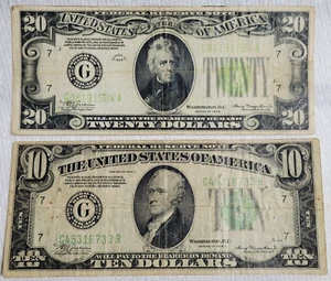 1934 Federal Reserve Notes,1934 $20 {Lime Green Seal} 1934-A $10 Mid-Grade. - Picture 1 of 2