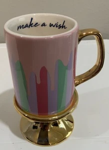 8 Oak Lane Pastel Gold Trim Birthday Pedestal “Make A Wish” Coffee Tea Cup Mug - Picture 1 of 9