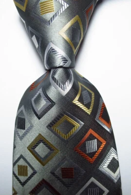 New Classic Checks Gray Silver Orange JACQUARD WOVEN Silk Men's Tie Necktie - Image 1 of 2