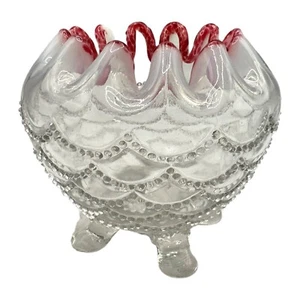 Antique Northwood Glass Opalescent Red Crest Beaded Drapes Four-Footed Rose Bowl - Picture 1 of 4