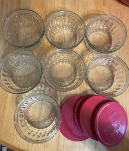7 Kerr Squat Vintage Gelee Marmeladengläser - 6 rosa Metalldeckel zum Aufschieben gerippt - Bild 1 von 5