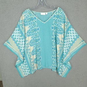 Belle Kim Gravel Top Womens 1x Plus Blue Floral Woven Poncho V Neck - Picture 1 of 8