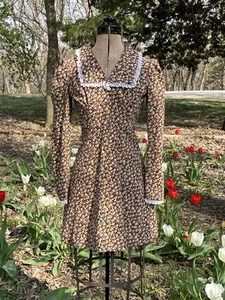 Vintage Velveteen Mini Dress 1970s Colorful Floral Mod Lace Trim Handmade - Picture 1 of 14