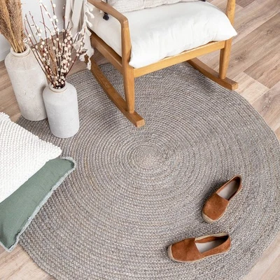 Boho Jute Rug Round – Handmade Braided Natural Fiber Floor Mat - Grey - Image 1 of 4
