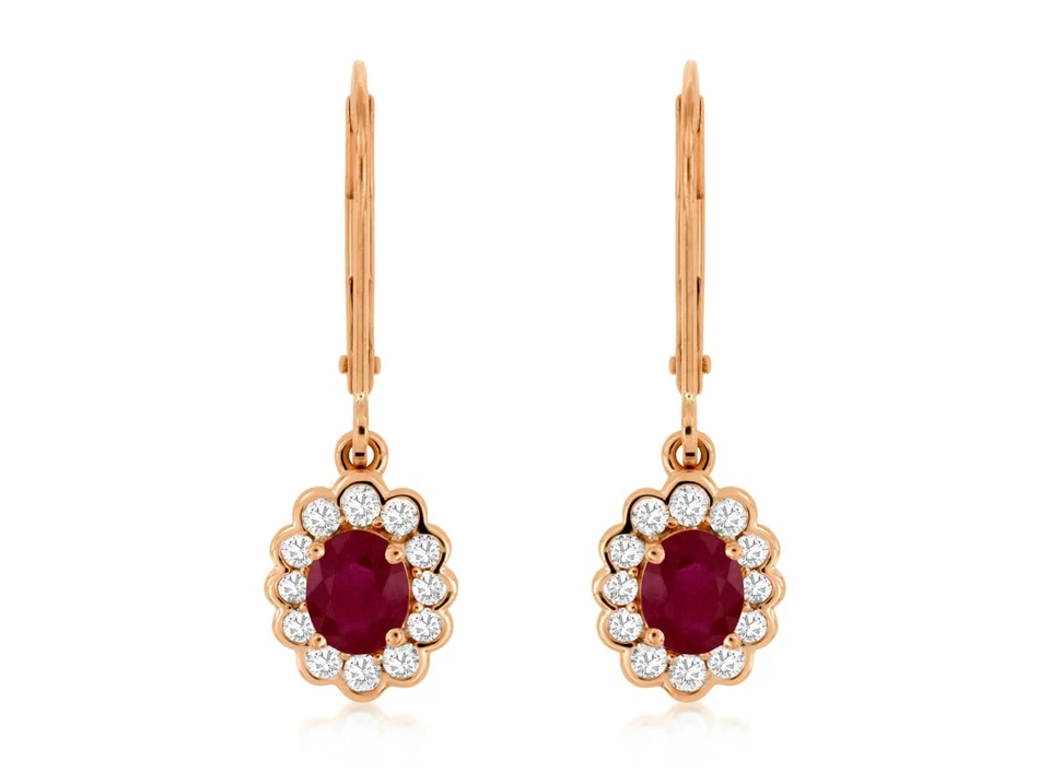 14k Rose Gold Drop Earrings with Oval-Cut Ruby & Diamond Halo, 2.4g Foto 1 de 1