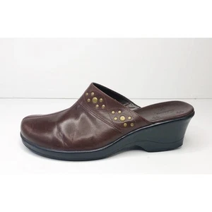 Clarks Leather Clogs Studded Accents Wedge Mules Heel Brown Women Size 10M - Picture 1 of 8