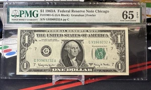 1963-A $1 Federal Reserve Note G/A Block ( CHICAGO “G” ) PMG 65 EPQ - Picture 1 of 8