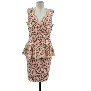 Tadashi Shoji Lace Peplum Sheath Beige Cream Red Sleeveless Size 14 - Picture 1 of 13