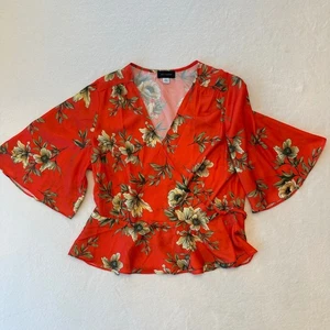 Ava & Aiden Floral Wrap Blouse Top Womens size L Coral Yellow Green Kimono style - Bild 1 von 10