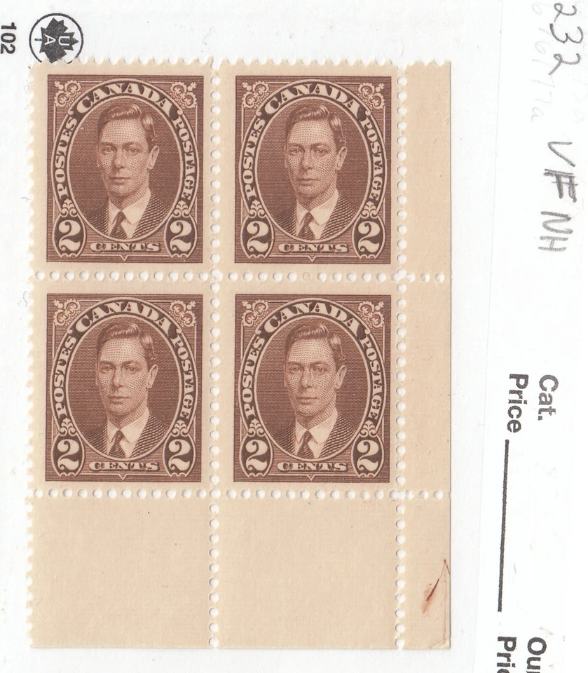 Canada: #232 2c Brown Mufti KGVI LR Corner Block (w/ Cutting Guideline) MNH - Image 1 of 1