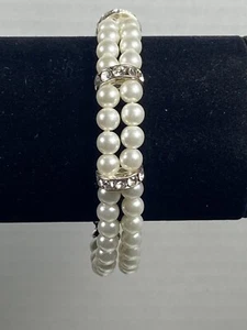 Armband 2 Strang Kunstperlen & Strass silberfarben versteckter Verschluss Vintage Stil - Bild 1 von 13