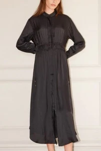 MORRISON black silky crush adjustable waist Daria midi pocket shirt dress / sz 2 - Picture 1 of 15