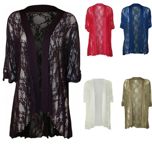 LADIES FLORAL LACE OPEN WATERFALL CARDIGAN 3/4 BUTTON GEM SLEEVE PLUS SIZE - Picture 1 of 1
