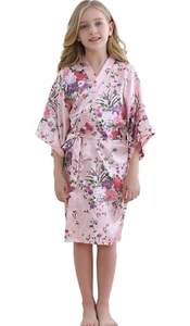 NEW Lt Pink Floral Satin Kimono Short Bath Robe Sleepwear Pageant Girls Size 10 - Picture 1 of 9