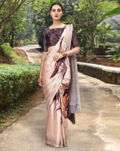 Printed Saree Blouse For Women, Satin Silk Saree, Soft Silk Saree, Digital Print - Picture 1 of 2