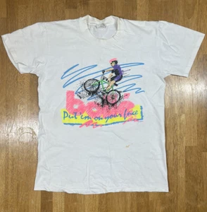 Vintage Bolle Brille Radfahrer Neon T-Shirt Put Em On Your Face 90er Jahre Werbefahrrad - Bild 1 von 4