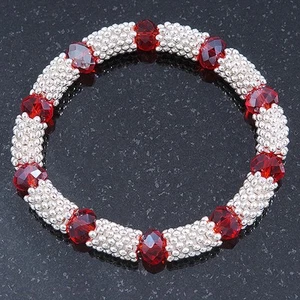 Silver Tone Snowflake Rings with Red Crystal Beads Flex Bracelet - 18cm L - Picture 1 of 4