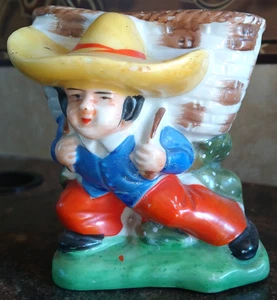 Mexican Ceramic Planter Man W Woven Basket on His Back 3 7/8" JAPAN Backstamp - Picture 1 of 9