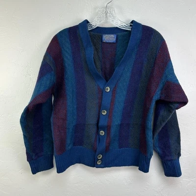 Vintage Pendleton Sweater Womens Large Blue Striped Wool Cardigan Made USA 80s - Image 1 of 4