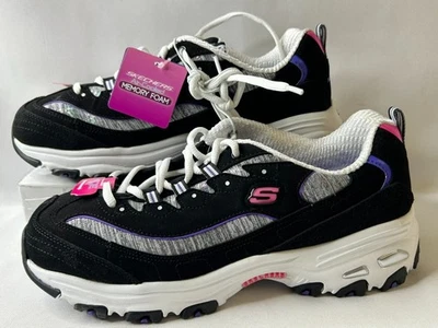 Skechers D'Lites / FRESH START /BLACK WHITE 空气冷却记忆泡沫 10 码宽 — 第 1/4 张图片