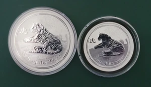 2 coins - 2010 Australia 1 oz & 1/2 oz 999 Silver Year of the TIGER in air-tite - Picture 1 of 6