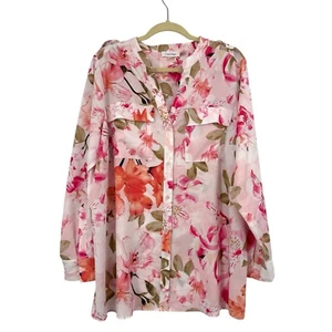 Calvin Klein Blouse Top Shirt 1X Pink Floral Roll Tab Sleeve Button Front - Picture 1 of 12