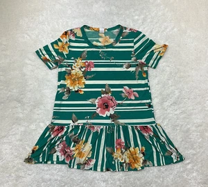 Lovely J Womens Size M Floral Striped Green Peplum Tunic Top Ruffle Trim - Picture 1 of 8