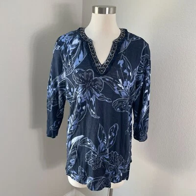 Camisa túnica top manga 3/4 de lino grande adornada floral Chicos para mujer Foto 1 de 4