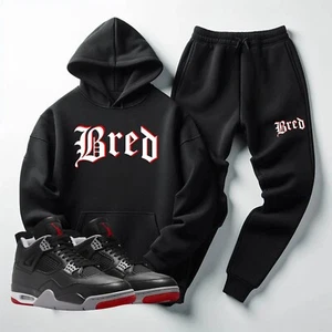 Black Hoodie Joggers Set To Match Air Jordan 4 Bred Men's Sweat Suit XL XXL 3XL - Picture 1 of 4