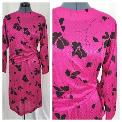 Vestido floral negro vintage Sears magenta con envoltura de corbata lateral talla 7/8 Foto 1 de 4