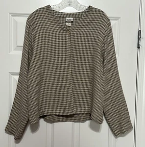 EILEEN FISHER Größe L hellbraun beige kariertes Shirt Leinen offen mit einem Knopf Damen - Bild 1 von 4