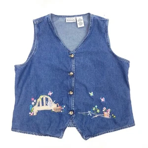 Gilet donna denim Basic Editions L blu senza maniche scollo a V primaverile ricamato - Foto 1 di 9