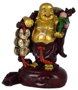 COLECCIÓN HONG TZE - FIGURA BUDA AGARRANDO MONEDAS CHINAS DORADAS (DOBLE TONO) - Imagen 1 de 1
