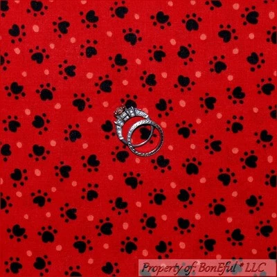 BonEful Fabric FQ Cotton Quilt Red Black Dot Paw Print USA Bandana Puppy Dog Cat - Image 1 of 4