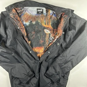 Neff  Black Snap Button Bomber Windbreaker Jacket Mens Medium Deer Buck Graphic - Picture 1 of 10