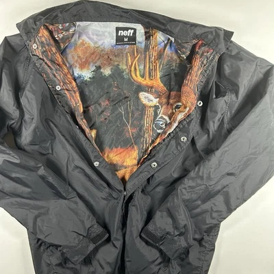 Neff  Black Snap Button Bomber Windbreaker Jacket Mens Medium Deer Buck Graphic - Image 1 of 4