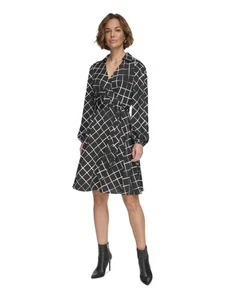 DKNY Womens Black Johnny Collar Tie-belt Blouson Sleeve Sheath Dress 2 - Picture 1 of 8