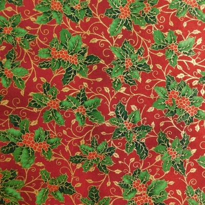 Christmas Cotton Fabric RJR Studio Quilting Red Holly Berries Green Gold 1.27 yd - Image 1 of 4