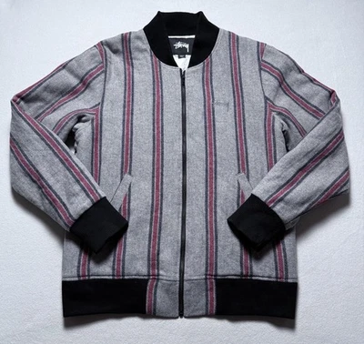 Chaqueta Bomber Stussy Para Hombre Mediana Lana Gris Rayas Cremallera Completa Forrada Bolsillos Foto 1 de 4