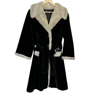 VTG 70s Borgazia Black Velour With Lt Gray Faux Fur Belted Coat Russel Taylor - Image 1 of 4