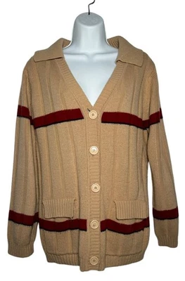 Suéter Vintage Años 70 Niña de California Cuello a Rayas Cárdigan Rojo Tostado Preppy S/M Foto 1 de 4